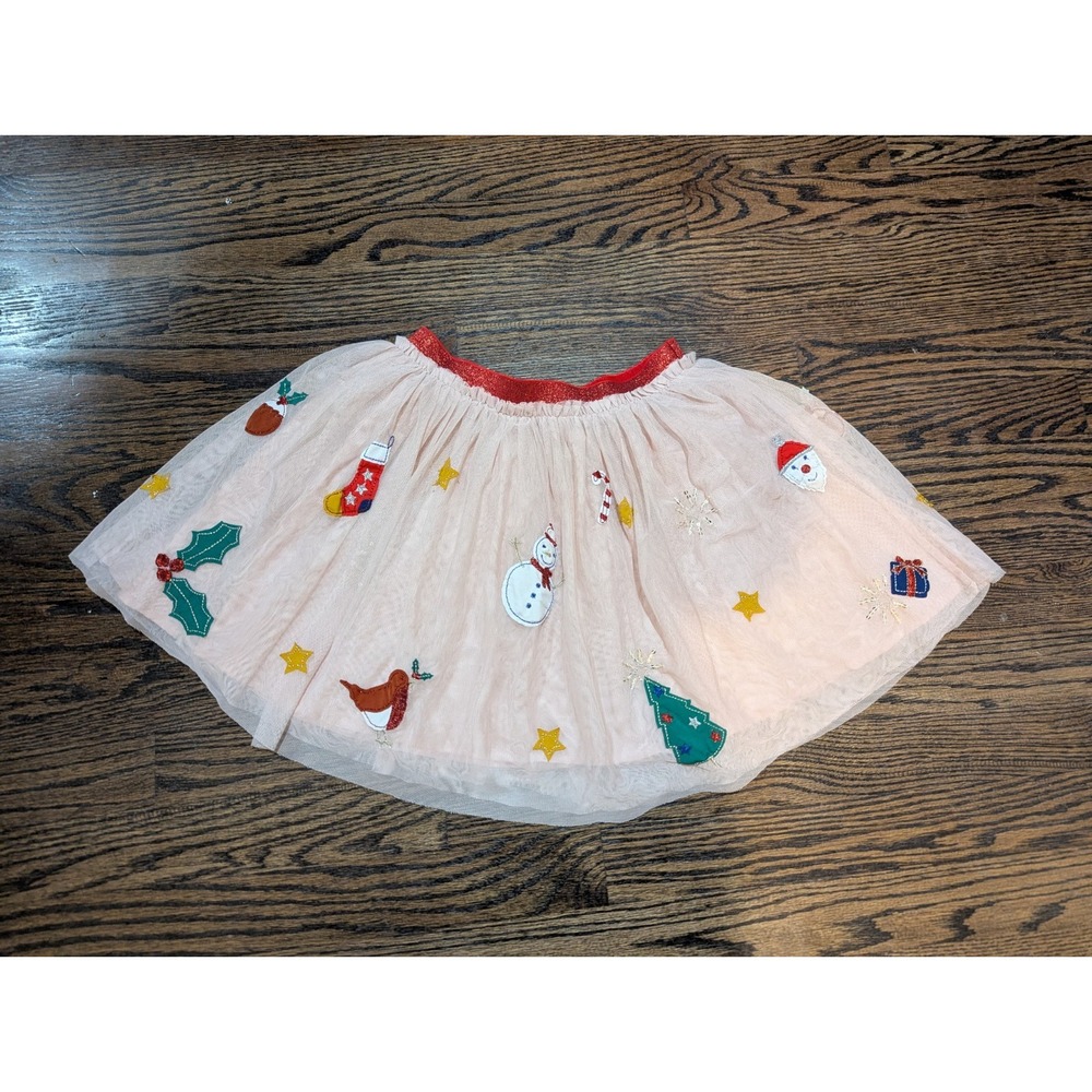 Mini Boden Skirt Pink Tulle Santa Snowman Christmas Holiday Sz 9-10 Embroidered